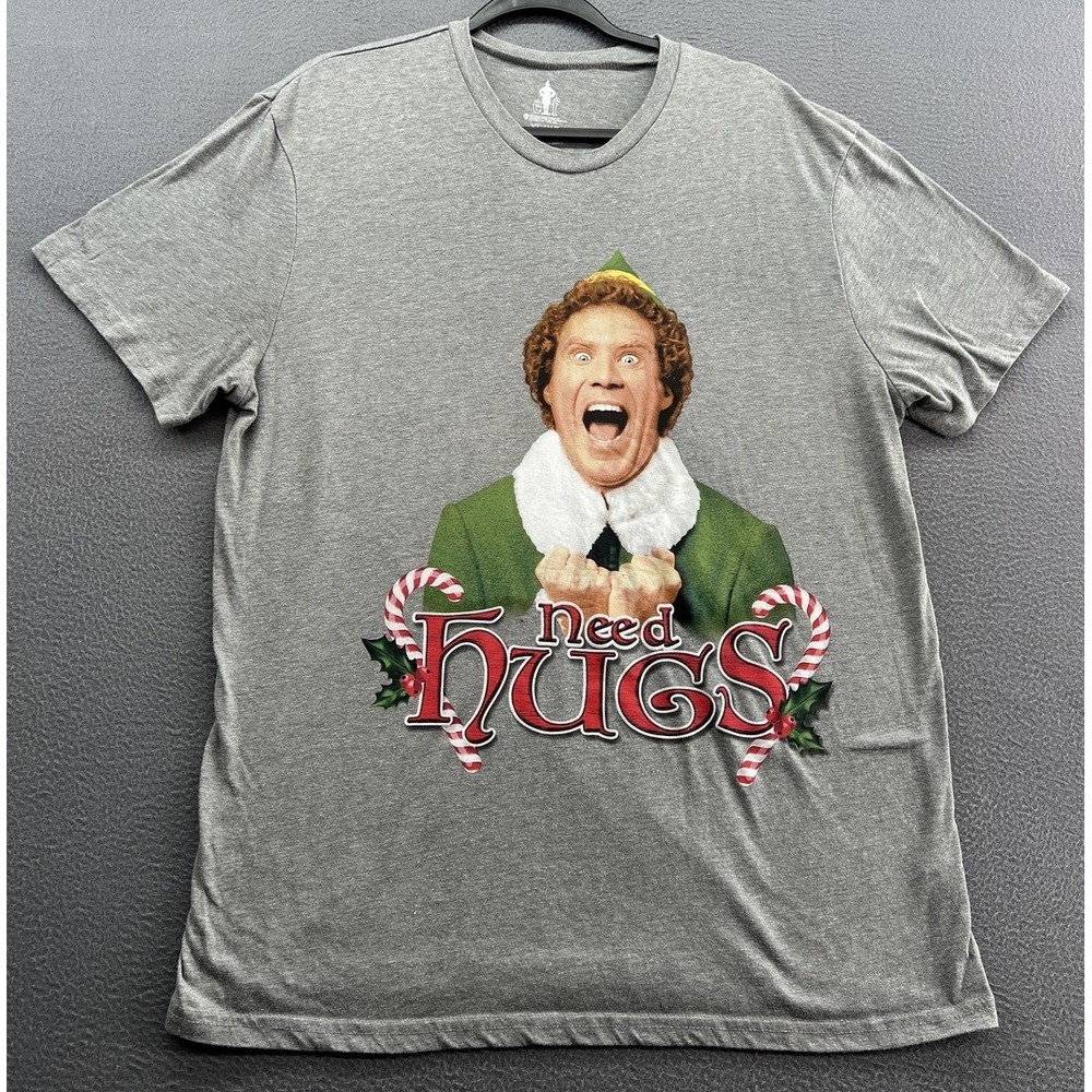 Elf Movie Shirt Men's XL Gray 'Need Hugs' Tee Christmas Movie Buddy Candy Cane